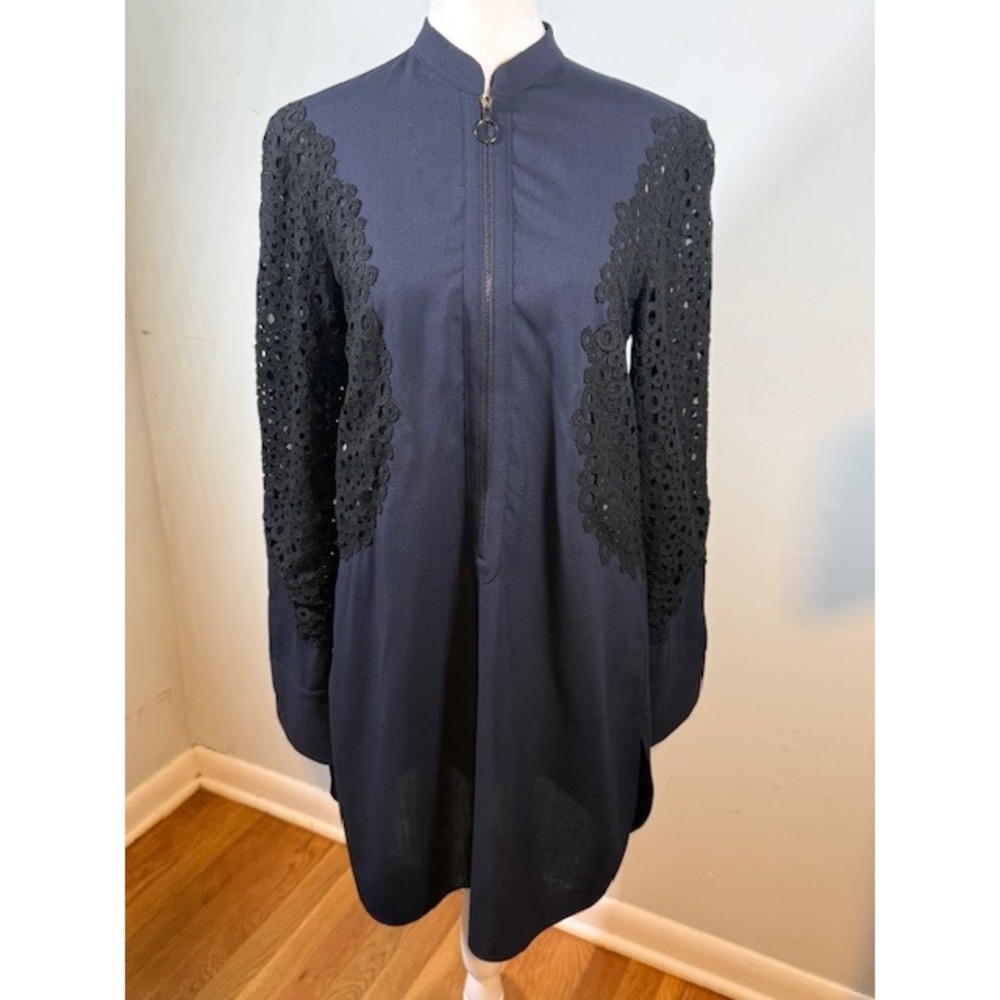 Akris‎ Wool Circle Lace Embroidery Half Zip Tunic Dress Navy US 8 Italy